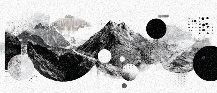 Abstract monochrome mountain landscape with geometric shapes and halftone patterns Conceptual nature illustration with a modern, artistic design