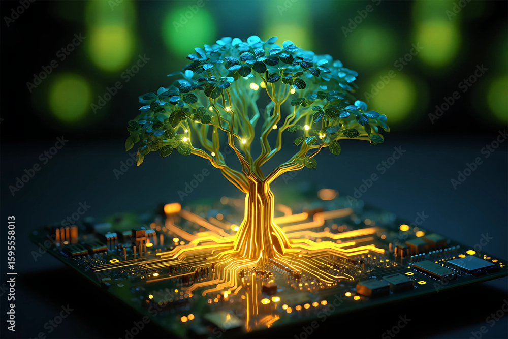 Poster a glowing tree grows from a computer circuit board