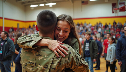Soldier and woman hugging in crowded gymnasium
