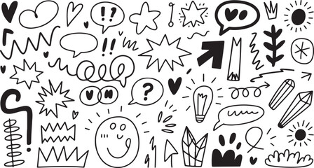 Obraz premium Black and white doodle elements hearts stars speech bubbles and abstract shapes vector