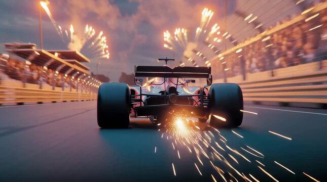 F1 car racing. High speed at night and fireworks in the background