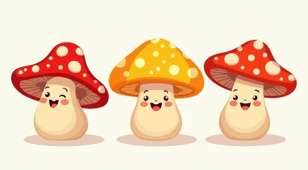 Cartoon mushrooms with faces and eyes are standing in a row plant background