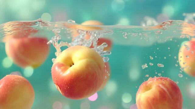 桃が水しぶきで輝く夏