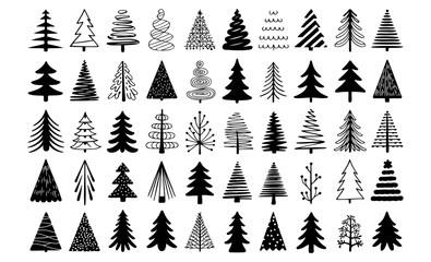Collection of forty two hand drawn christmas trees in various styles and shapes in black and white vector