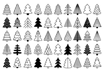 Collection of forty two stylized christmas trees in various shapes and patterns arranged in rows and columns
