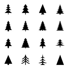 Obraz premium Collection of sixteen stylized christmas tree icons in black silhouette arranged in a rectangular grid pattern