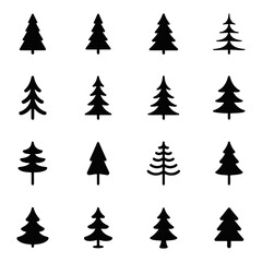 Obraz premium Collection of sixteen stylized christmas trees with varying shapes and designs arranged on a white background