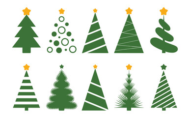 Obraz premium Illustration showcasing ten varied green christmas trees adorned with stars against a white background scene
