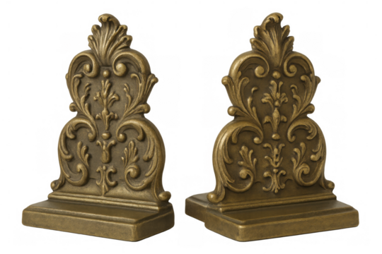 Two matching brass bookends, featuring intricate floral ornaments, stand on a transparent background, adding a touch of vintage elegance to any bookshelf
