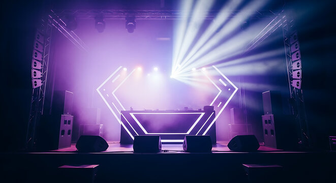 A stage with speakers lights and a dj booth with a geometric design is illuminated with purple light ai genrated