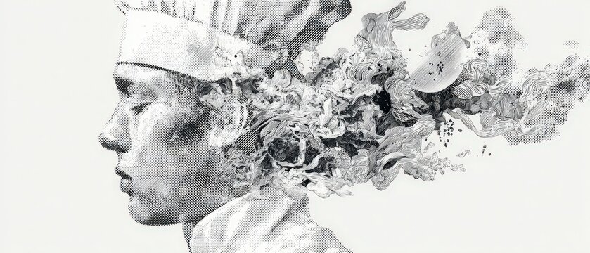 Conceptual portrait of a thoughtful chef with abstract food explosion in black and white Artistic representation of culinary creativity, imagination, and gastronomy