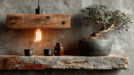 old wooden table with bonsai