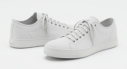 Pair of White Low-Top Casual Sneakers on a Bright White Background. Clean Modern Footwear for Product Mockups or Design.