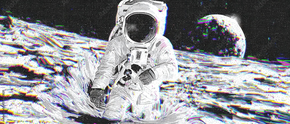 Poster astronaut in spacesuit walking on the moon with earth in the background concept of space exploration