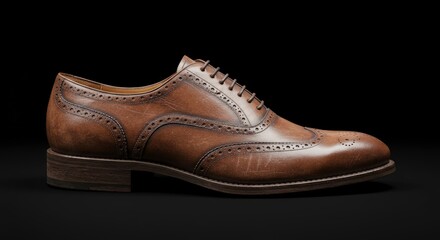 Classic Brown Leather Brogue Men's Oxford Dress Shoe. Elegant, High-Quality Footwear Isolated on Black.