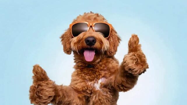 A joyful brown Golden doodle dog smiles brightly, giving two thumbs up and dancing playfully in front of the camera, captured in a fun cinematic shot with vibrant studio lighting and lively energy