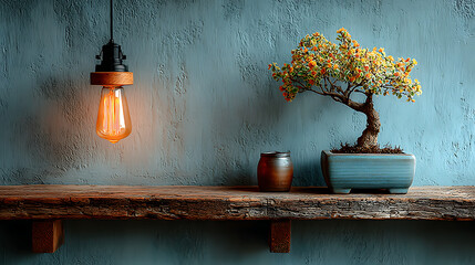 old wooden table with bonsai