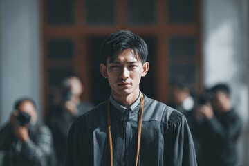 Fototapeta premium Graduation ceremony captures a young graduate in traditional robes surrounded by photographers at a significant milestone