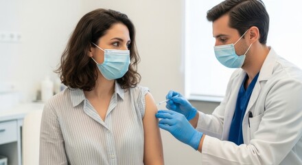 A doctor administers a vaccine injection to a womans arm in a medical setting