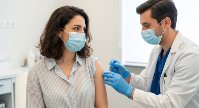 A doctor administers a vaccine injection to a womans arm in a medical setting