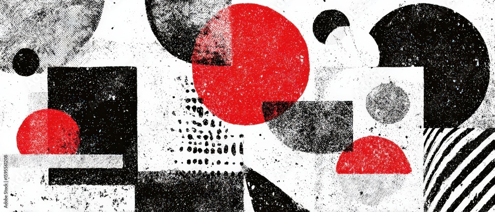 Sticker abstract geometric grunge background with red circles and black squares in a modern artistic design 