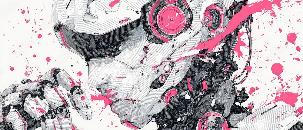 Poster futuristic cyborg robot with pink splatter paint in a surreal scifi concept detailed mechanical desi
