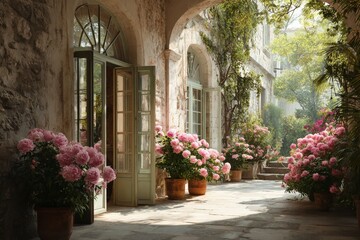 Fototapeta premium Beautiful courtyard with blooming flowers in a serene garden during the morning light