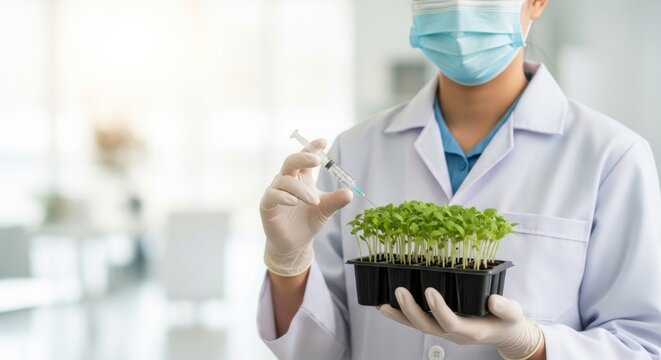 A scientist in a lab coat and mask holds a tray of seedlings and a syringe