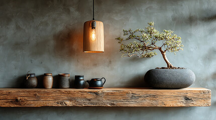 old wooden table with bonsai