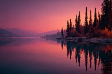Calm lake at sunset with deep purple sky and tall pine trees reflecting in the water