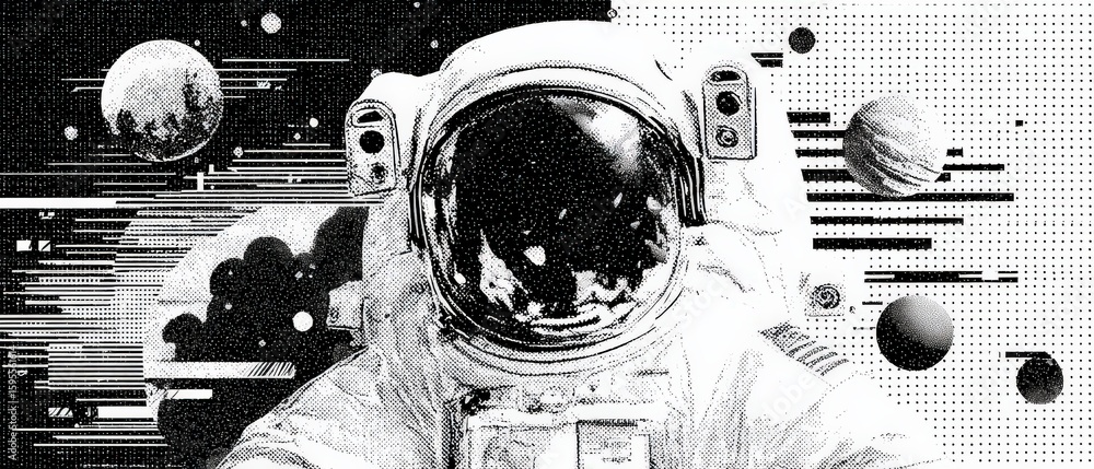 Poster retro astronaut in space with planets and halftone pattern vintage spaceman exploring cosmos in mono