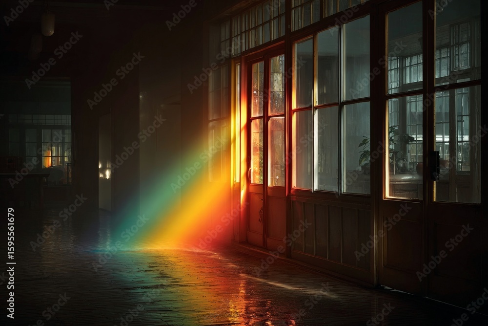 Poster light breaks through windows illuminating a quiet indoor space with vivid colors at dusk in an aband