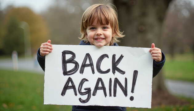 little girl holding a sign "back again"
