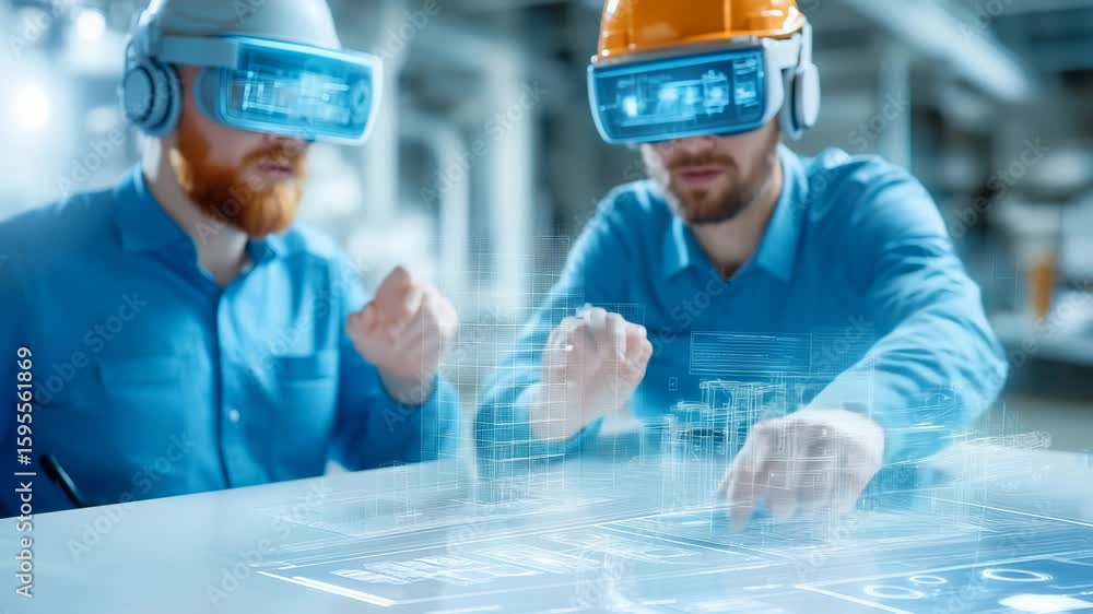 Poster professional engineers using virtual reality headsets to interact with 3d holographic architectural 