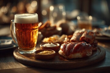Delicious platter of barbecue meats served with cold beer in a warm tavern setting during the evening