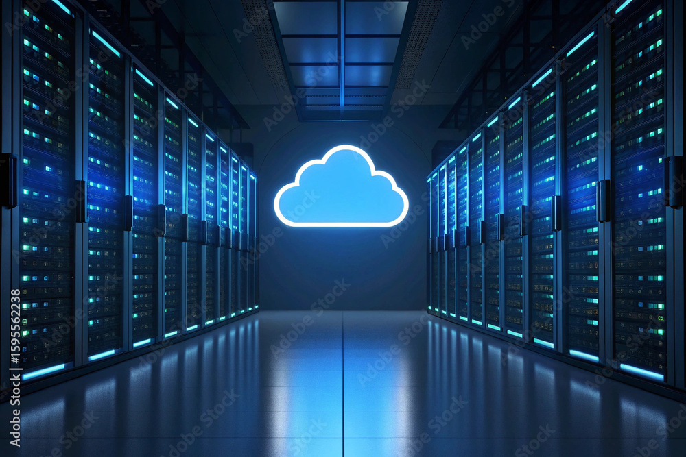 Poster illuminated server room with a glowing cloud icon hovering above the server racks and a tiled floor