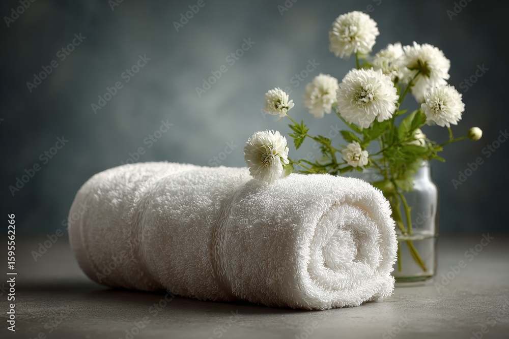 Poster rolled white towels with delicate flowers in a glass vase on a textured surface creating a calming s