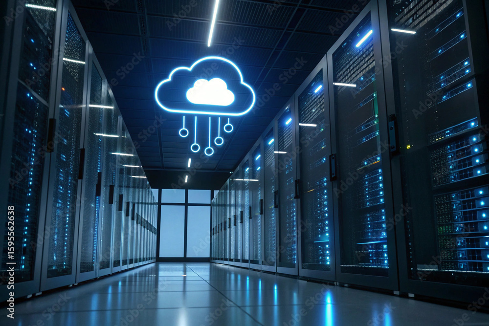 Poster a server room with rows of servers and a glowing cloud computing symbol in the center of the room