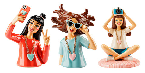3D illustration of trendy girls taking selfies and photos, wearing heart necklaces and colorful outfits, on white background.