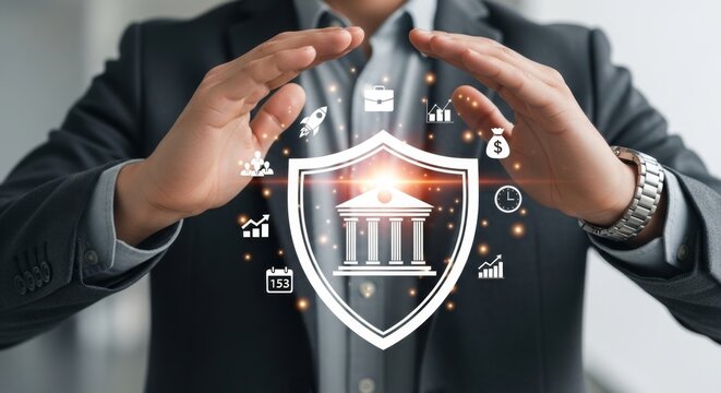 A businessman protects a shield icon with a bank building and financial symbols