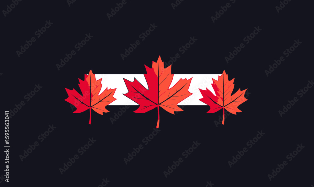 Aufkleber three red maple leaves arranged horizontally with a white rectangular background on a dark surface s