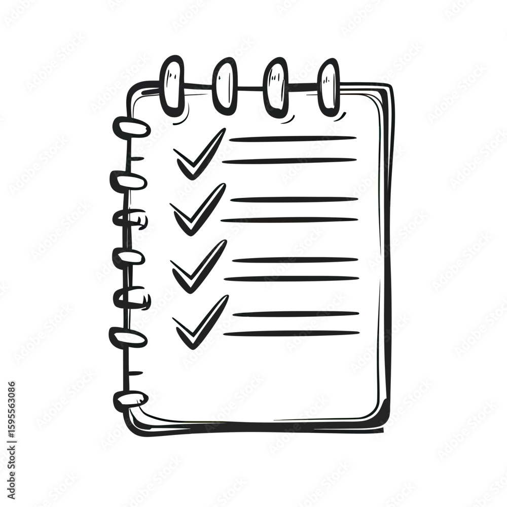 Poster hand drawn spiral notebook checklist with four check marks and lines, simple doodle sketch style vec