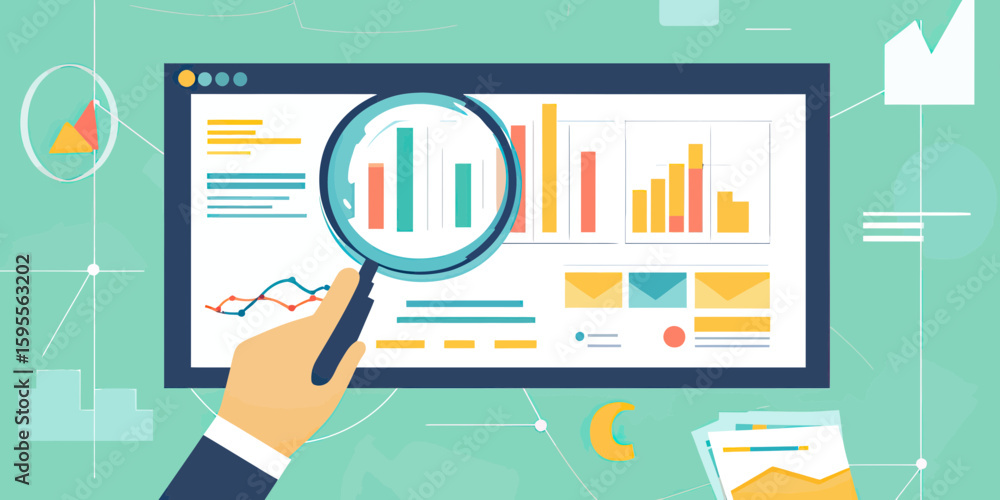 Poster flat business analytics dashboard with magnifying glass focusing on colorful bar charts and graphs f