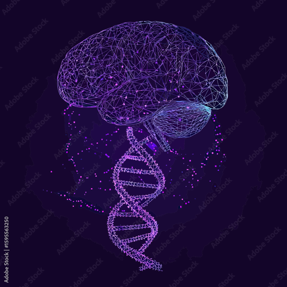 Poster futuristic low poly wireframe brain connected to dna helix with purple digital network nodes and lin