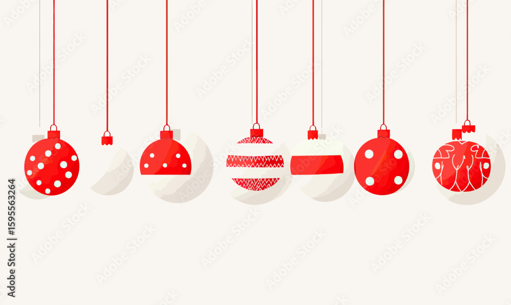 Aufkleber red and white minimalist christmas tree ball ornaments hanging in a row with various simple geometri