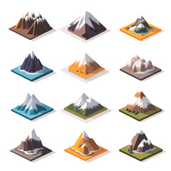 Isometric minimalist vector collection of twelve unique stylized mountains with snow and diverse terrain isolated on white background design set
