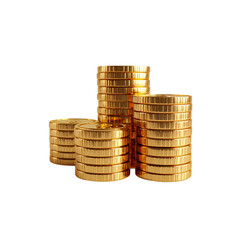 Realistic stacks of shiny golden coins, representing wealth accumulation, on transparent background