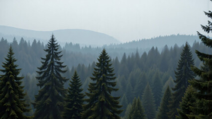 Fototapeta premium Misty Pine Forest Panorama: Evergreen Trees in Foggy Wilderness