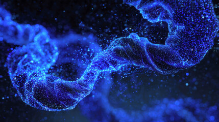 Enchanting visual of shimmering blue particles forming an intricate, flowing helix against a dark background. Ideal for themes of technology, science, data visualization, digital art, abstract beauty.