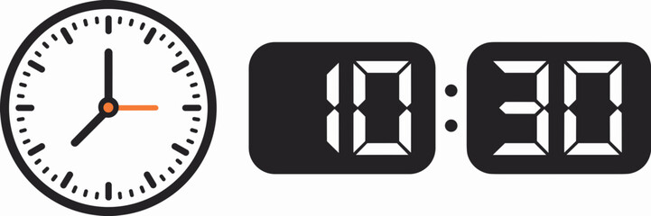 Analog and digital clock face icons – Ideal for time tracking apps, productivity websites, or clock-related graphics.